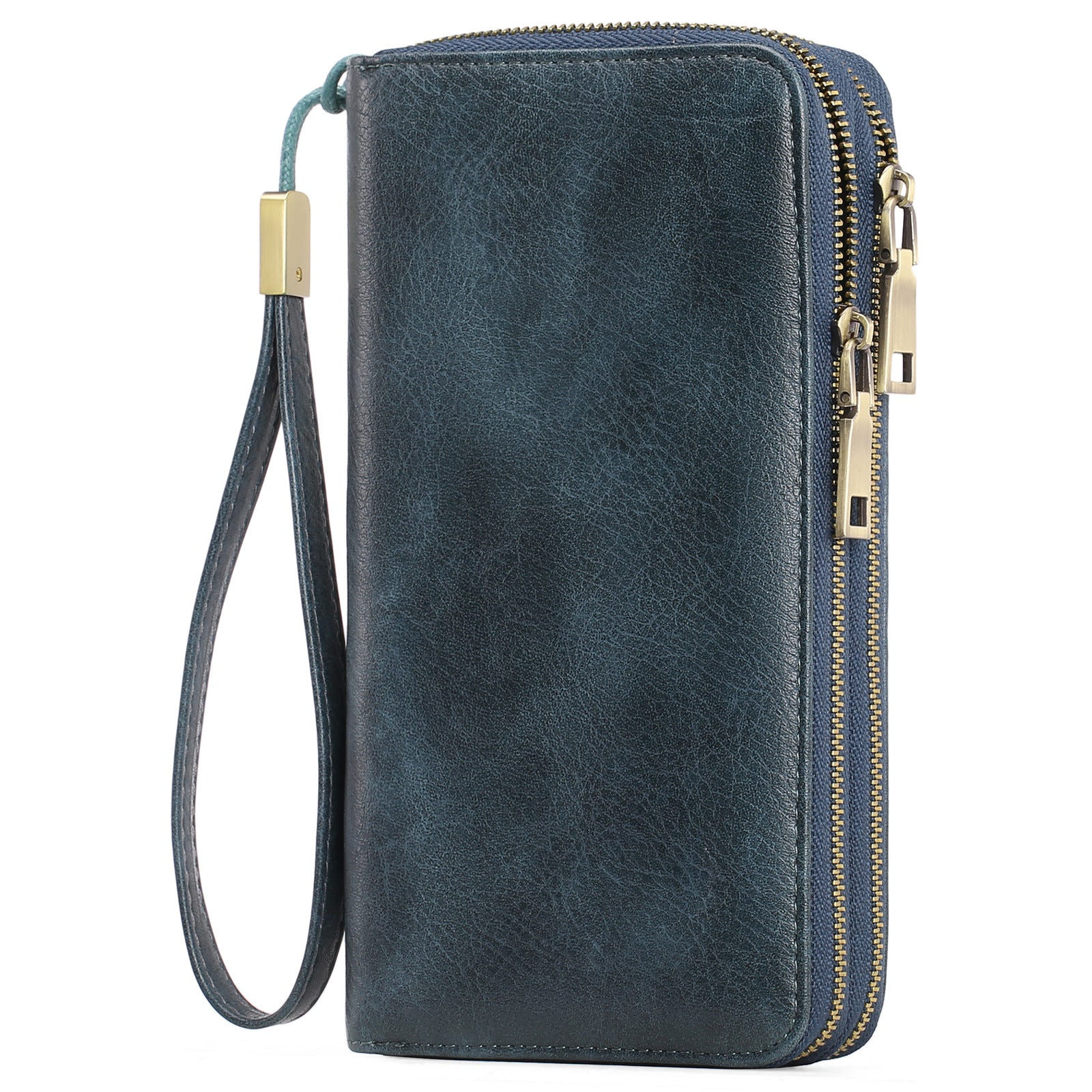 Dark Blue Double Zipper Women's Wallet - Large Capacity Clutch Organizer with Wristlet Strap