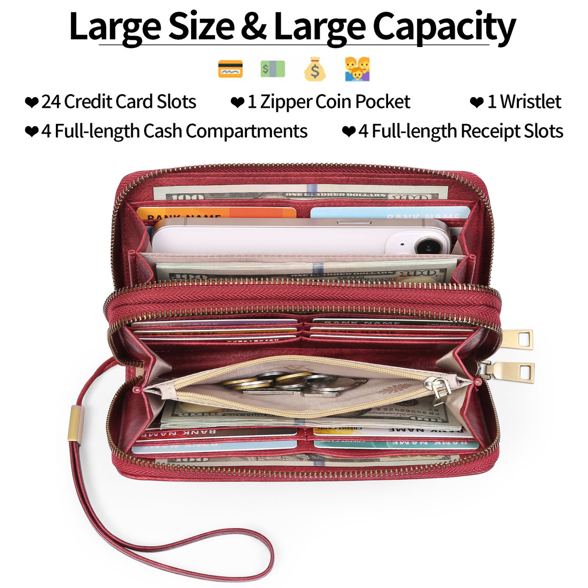 Black Double Zipper Women's Wallet - Large Capacity Clutch Organizer with Wristlet Strap