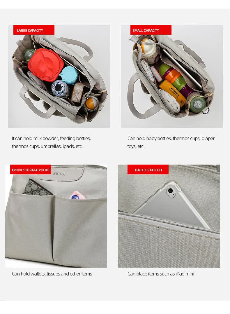 Size Small Grey Stylish Multi-Function Diaper Bag - Insulated Tote with Shoulder Strap for Baby Essentials