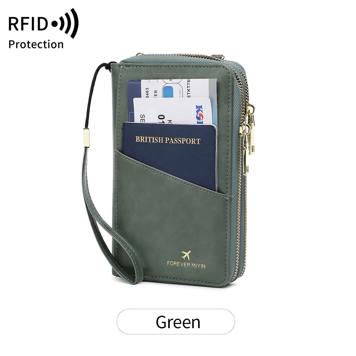 Green RFID Blocking Passport Wallet - Multi-Function Travel Organizer with Double Zipper and Crossbody Strap