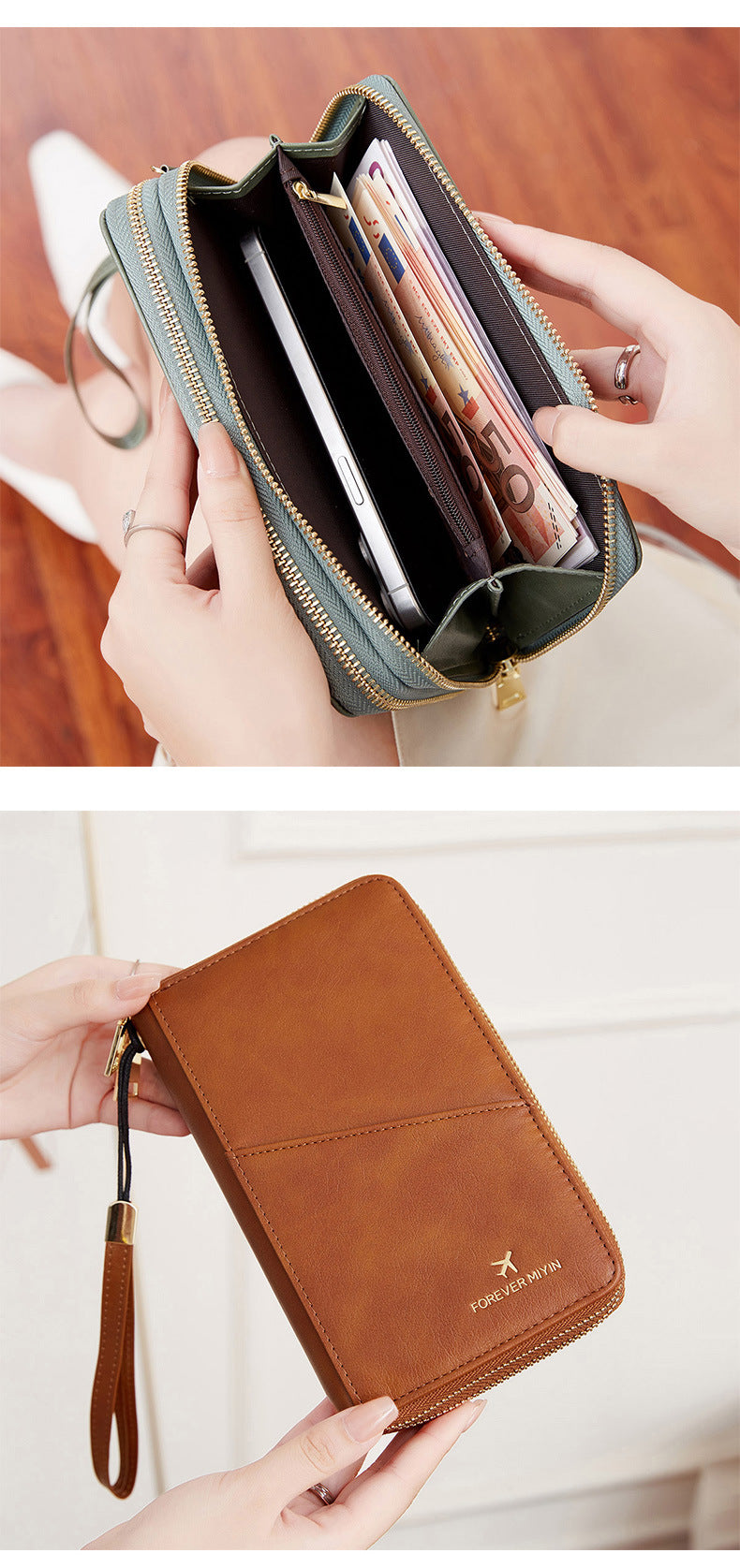 Light Brown RFID Blocking Passport Wallet - Multi-Function Travel Organizer with Double Zipper and Crossbody Strap