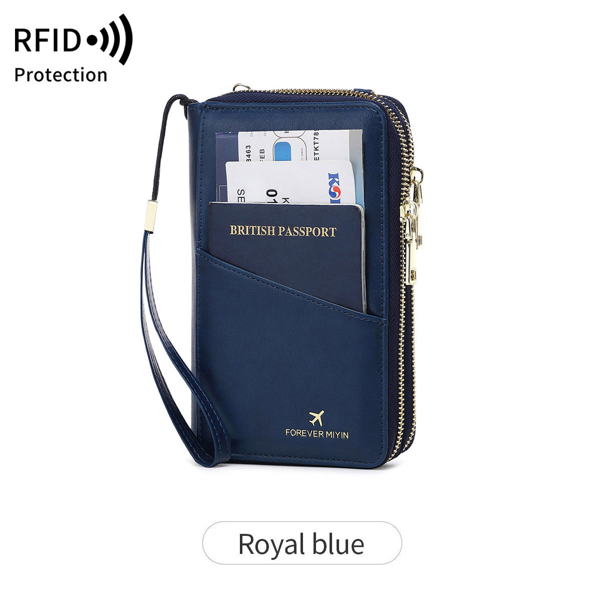 Dark Blue RFID Blocking Passport Wallet - Multi-Function Travel Organizer with Double Zipper and Crossbody Strap