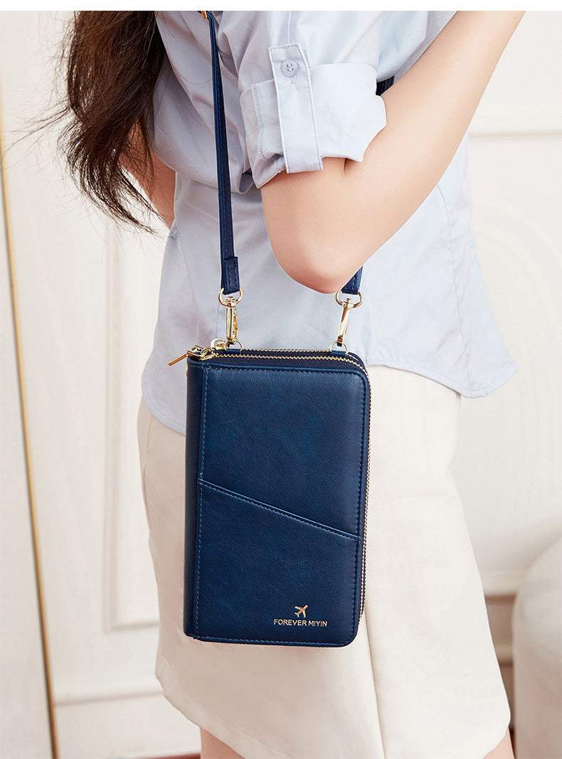 Dark Blue RFID Blocking Passport Wallet - Multi-Function Travel Organizer with Double Zipper and Crossbody Strap