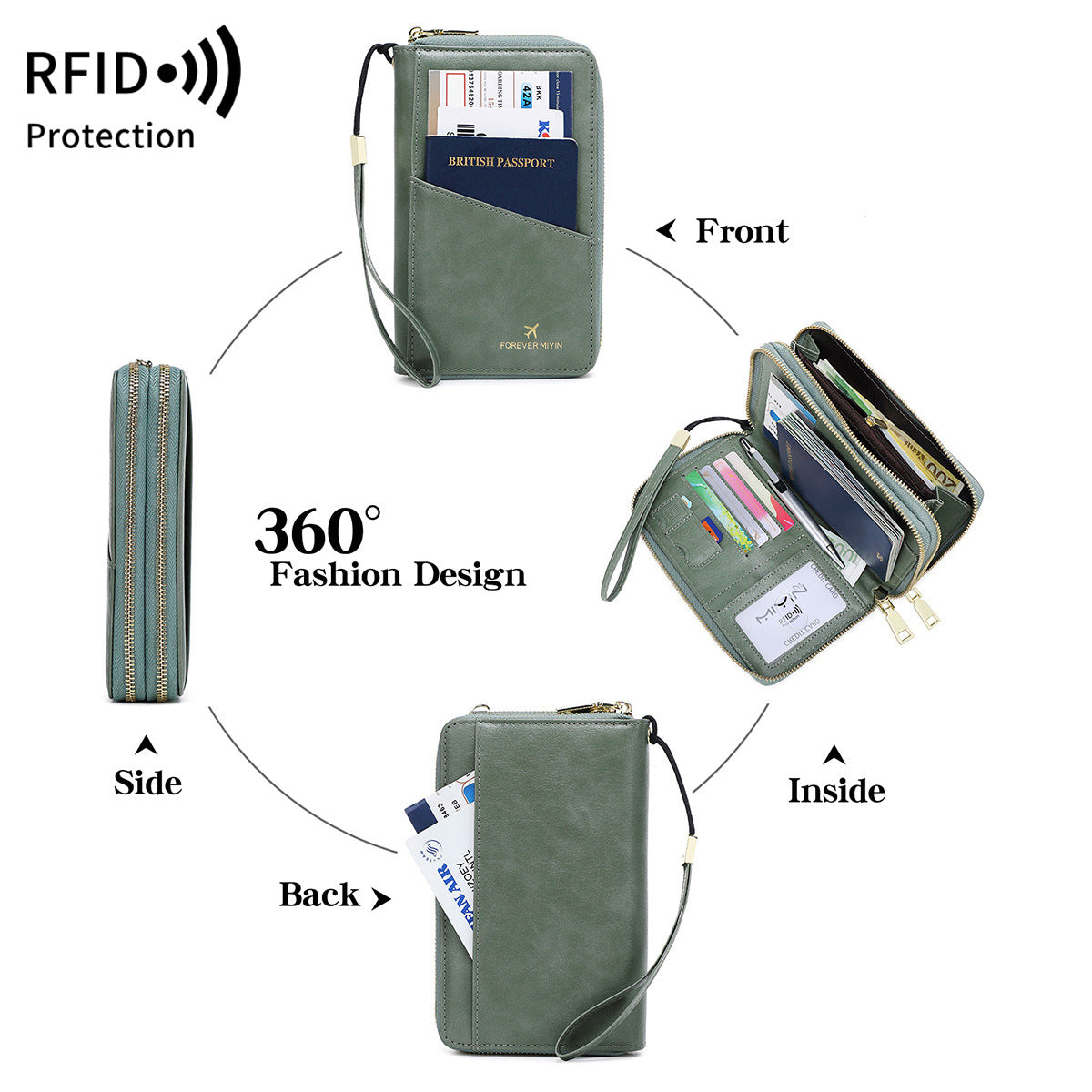 Dark Blue RFID Blocking Passport Wallet - Multi-Function Travel Organizer with Double Zipper and Crossbody Strap