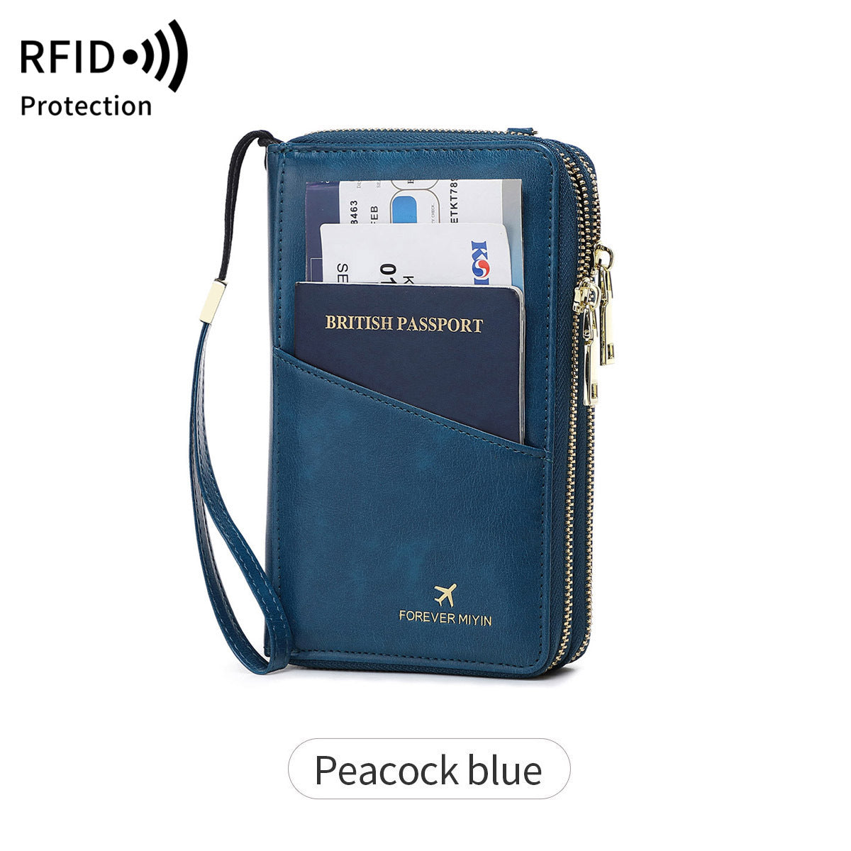 Peacock Blue RFID Blocking Passport Wallet - Multi-Function Travel Organizer with Double Zipper and Crossbody Strap