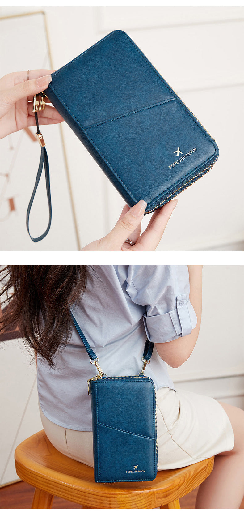 Peacock Blue RFID Blocking Passport Wallet - Multi-Function Travel Organizer with Double Zipper and Crossbody Strap