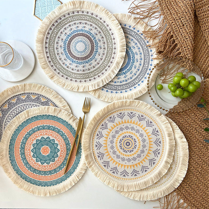 4 Pcs Beige and Yellow Boho Chic Woven Cotton Placemat with Tassels - Nordic Bohemian Style(Tableware is a prop for shooting and is not included)