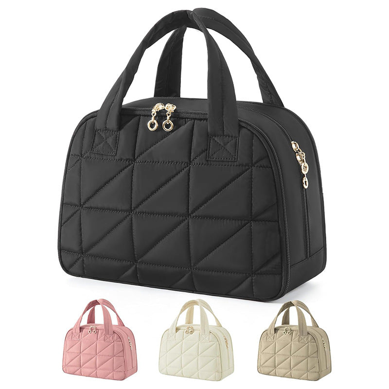 Black Large Capacity Travel Toiletry Bag with Wide Opening - Puffy Nylon Makeup Organizer with Waterproof PVC Layer