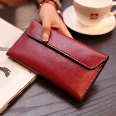 Claret Red Women's Genuine Leather Long Wallet - Slim Business Clutch with Snap Closure, Multi-Card Holder