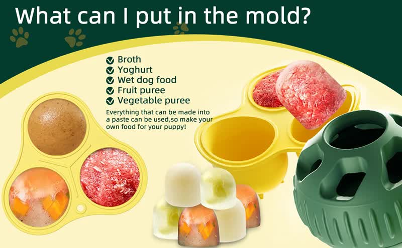 Grey Ball and Yellow Mold Pet Treat Dispensing Ball and Molding Set - Silicone Dog Chew Toy for Teeth Cleaning and Boredom Relief