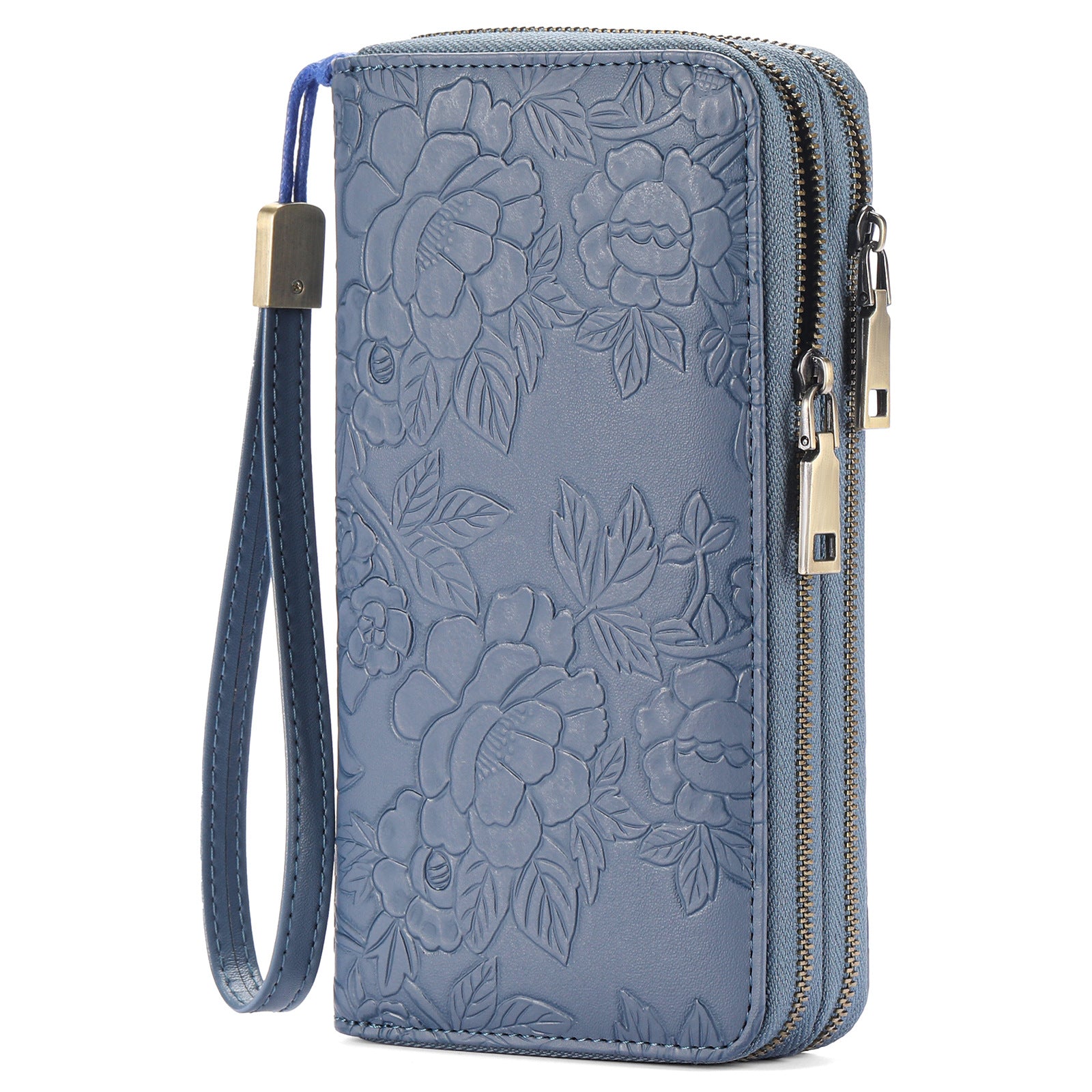 Blue Floral Embossed Large Capacity Women's Wallet - Double Zipper PU Leather Clutch with Detachable Wrist Strap