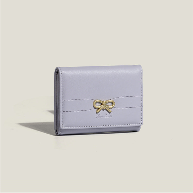 Purple Compact Women's Bow-Accent Wallet - Fresh Minimalist PU Leather Foldable Card Holder with Multiple Slots