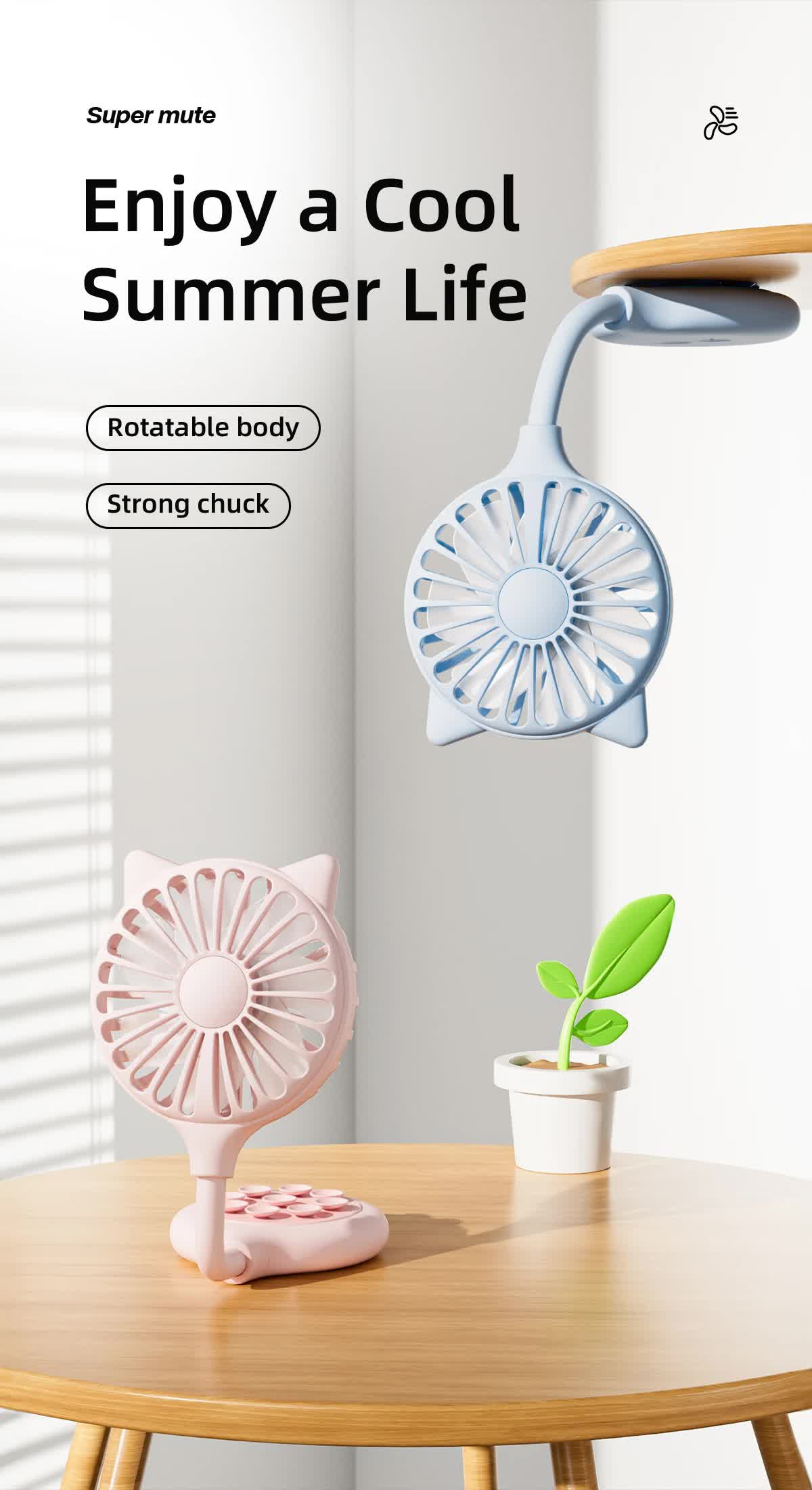 2 Pcs Pink Portable USB Mini Fan with Suction Cup - 360-Degree Adjustable Foldable Desktop Fan with 3 Speed Settings