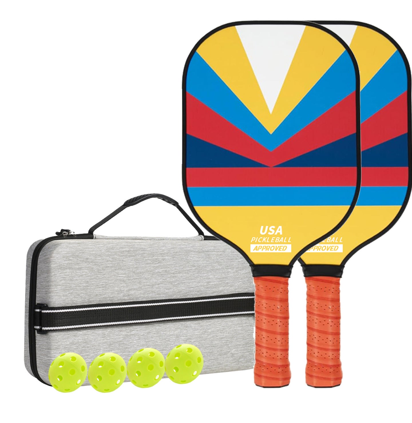 Style 2 Colorful Geometric Patterns Fiberglass Pickleball Paddle Set - 2 Paddles, 4 Balls, and Portable Carry Bag for Outdoor Play
