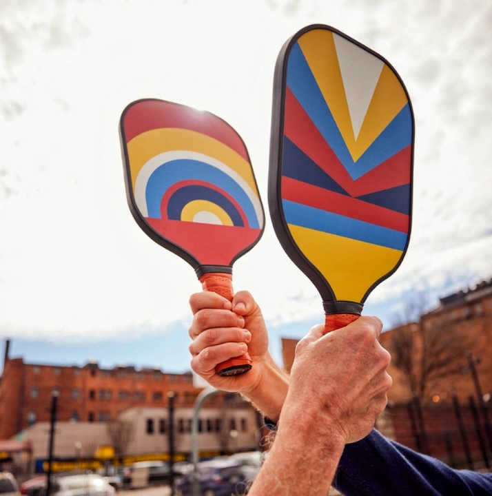 Style 2 Colorful Geometric Patterns Fiberglass Pickleball Paddle Set - 2 Paddles, 4 Balls, and Portable Carry Bag for Outdoor Play