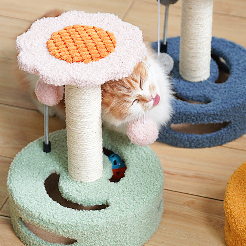 Yellow And Pink Sunflower Cat Scratching Post - 35cm Sisal Cat Tree with Plush Toys for Small Cats