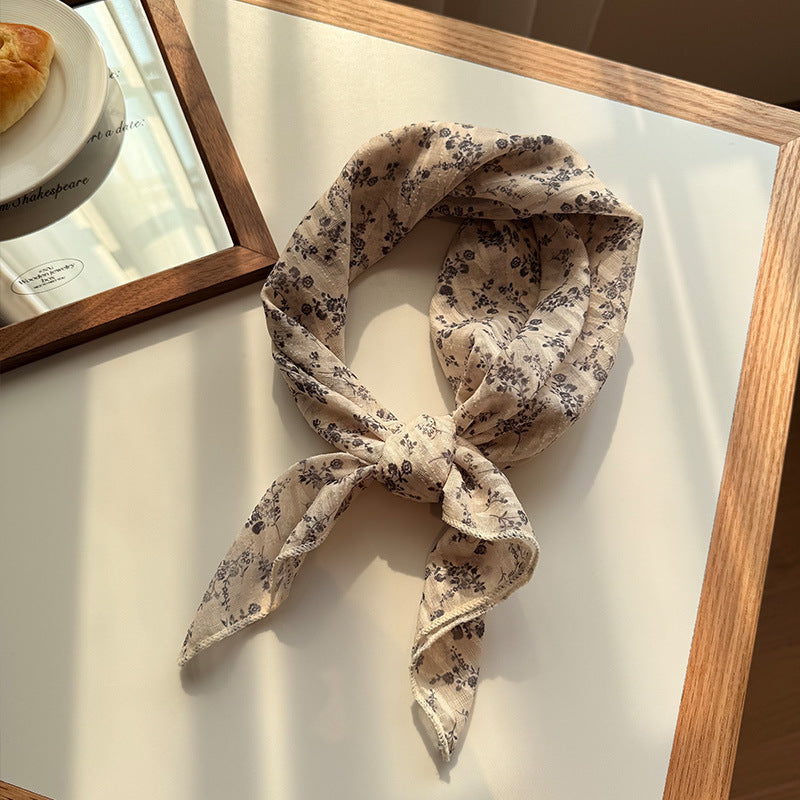 Style 1 Beige Versatile Patterned Square Scarf | 65x65cm Lightweight Polyester Neckerchief Headband | Vintage Polka Dot & Floral