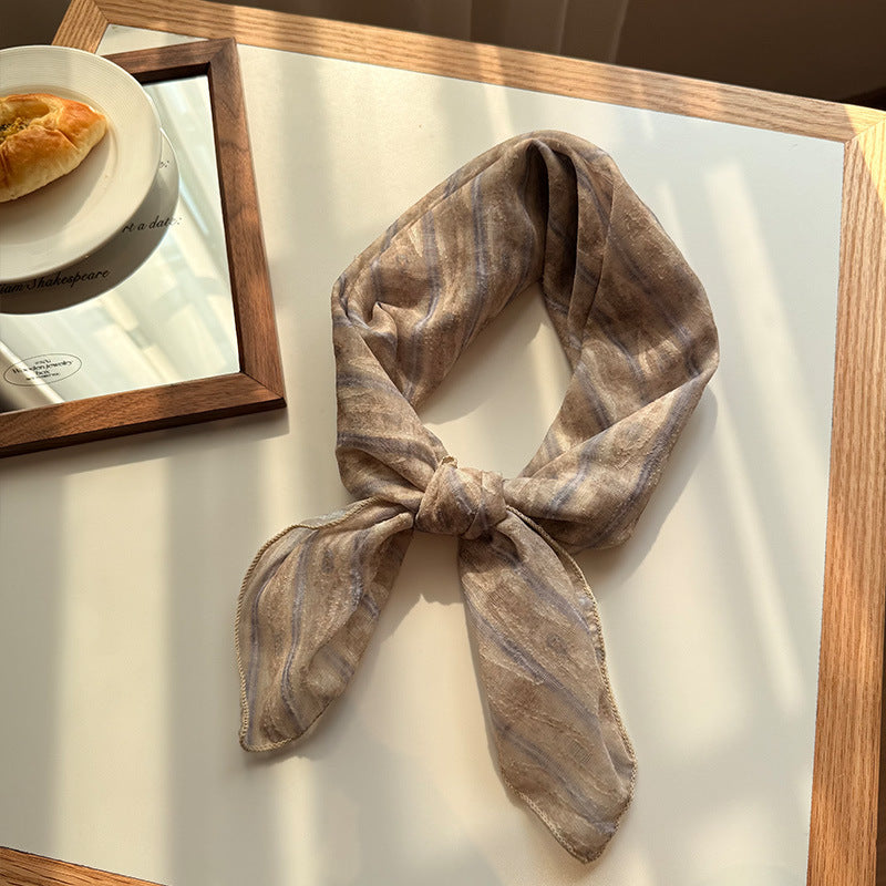 Style 3 Khaki Versatile Patterned Square Scarf | 65x65cm Lightweight Polyester Neckerchief Headband | Vintage Polka Dot & Floral