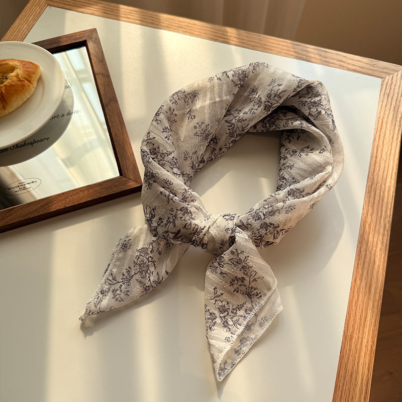 Style 5 Beige Versatile Patterned Square Scarf | 65x65cm Lightweight Polyester Neckerchief Headband | Vintage Polka Dot & Floral