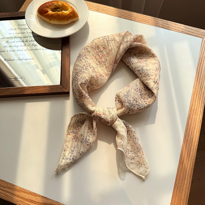 Style 7 Light Khaki Versatile Patterned Square Scarf | 65x65cm Lightweight Polyester Neckerchief Headband | Vintage Polka Dot & Floral