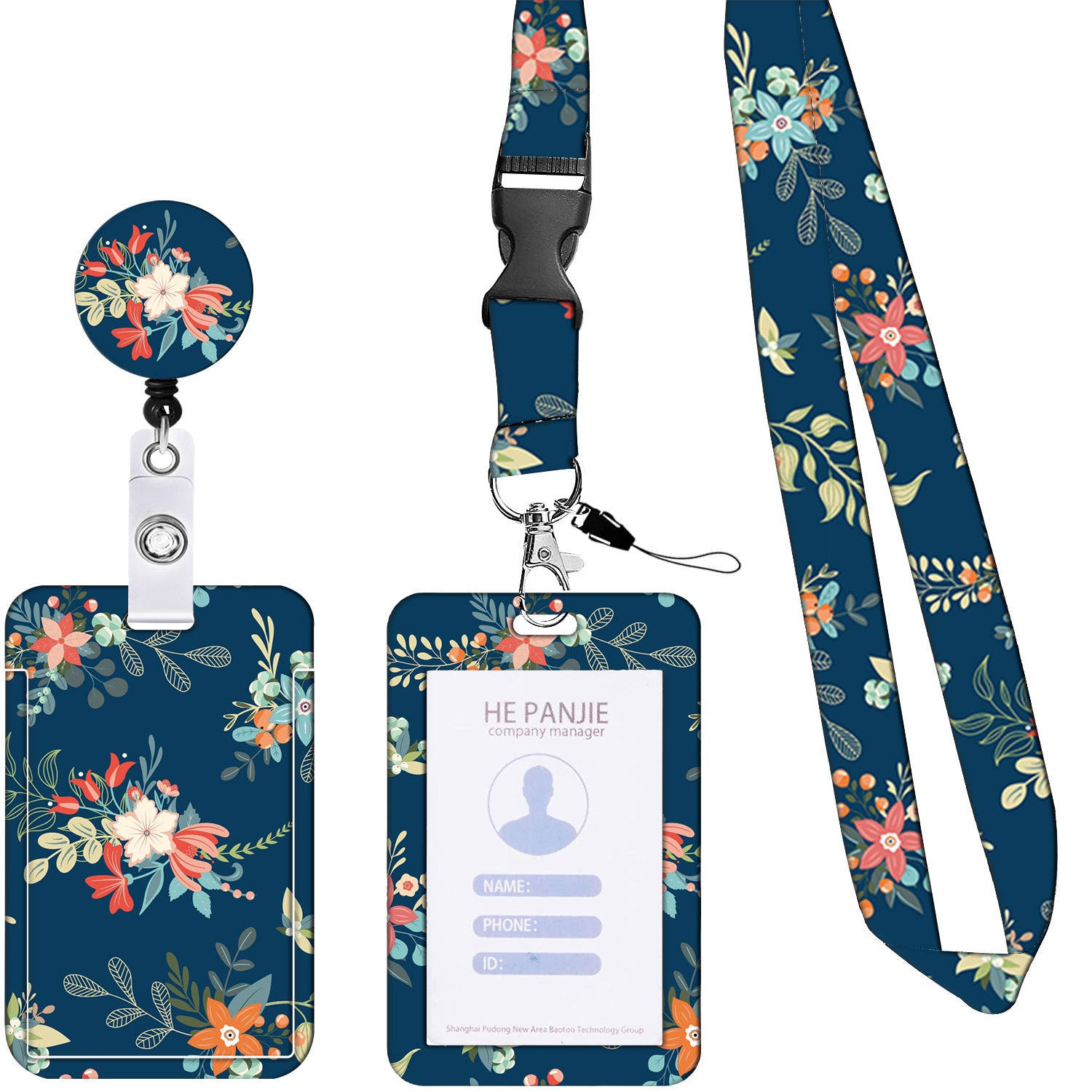 2 Pcs Blue Floral Pattern Retractable Badge Reel & ID Card Holder Set with Lanyard - Durable ABS Plastic