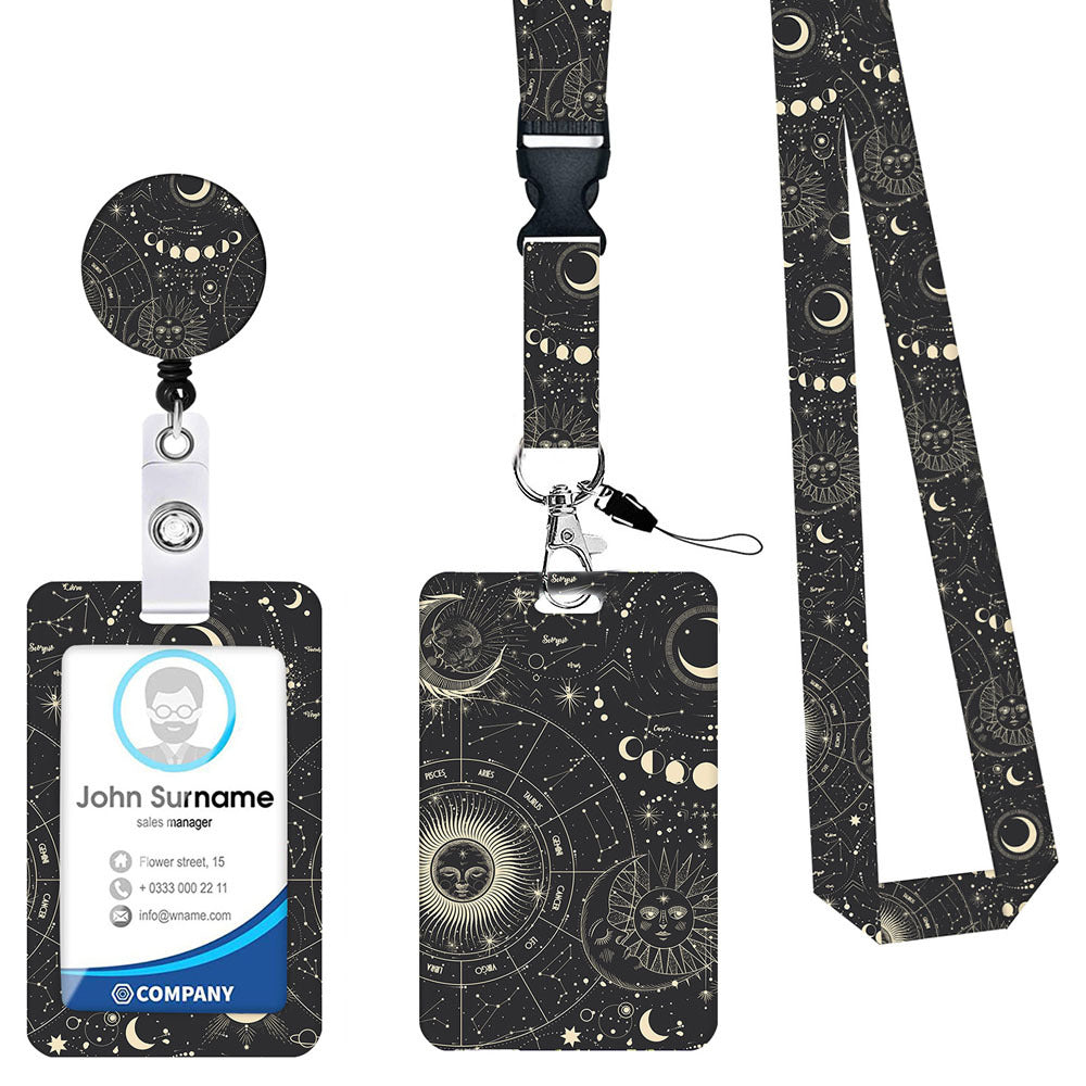 2 Pcs Black Star and Moon Pattern Retractable Badge Reel & ID Card Holder Set with Lanyard - Durable ABS Plastic