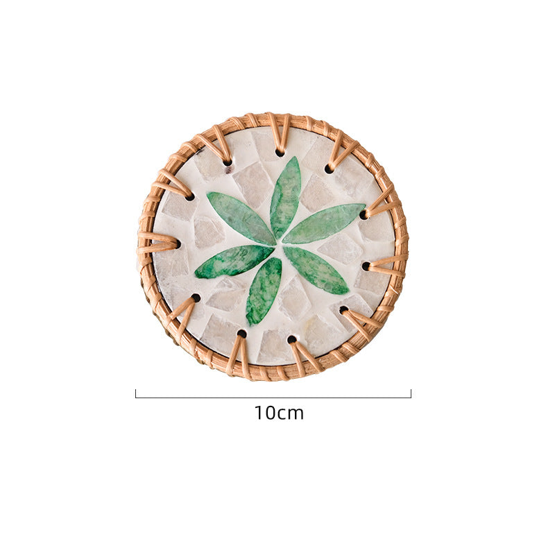4 Pcs Beige Background With Green flower Handcrafted Rattan Coaster with Natural Shell Inlay - Decorative & Heat Insulating Drink Mat