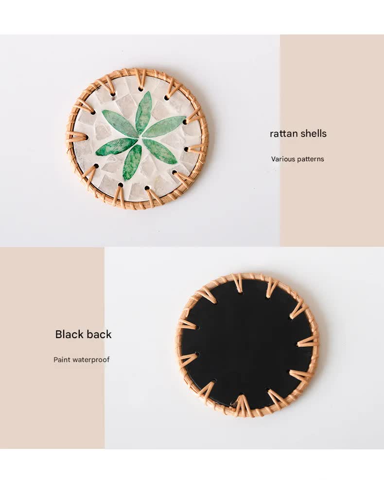 4 Pcs Beige Background With Green flower Handcrafted Rattan Coaster with Natural Shell Inlay - Decorative & Heat Insulating Drink Mat