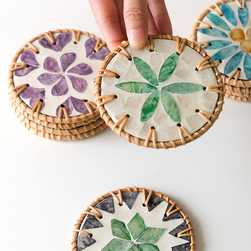 4 Pcs Beige Background With Blue flower Handcrafted Rattan Coaster with Natural Shell Inlay - Decorative & Heat Insulating Drink Mat