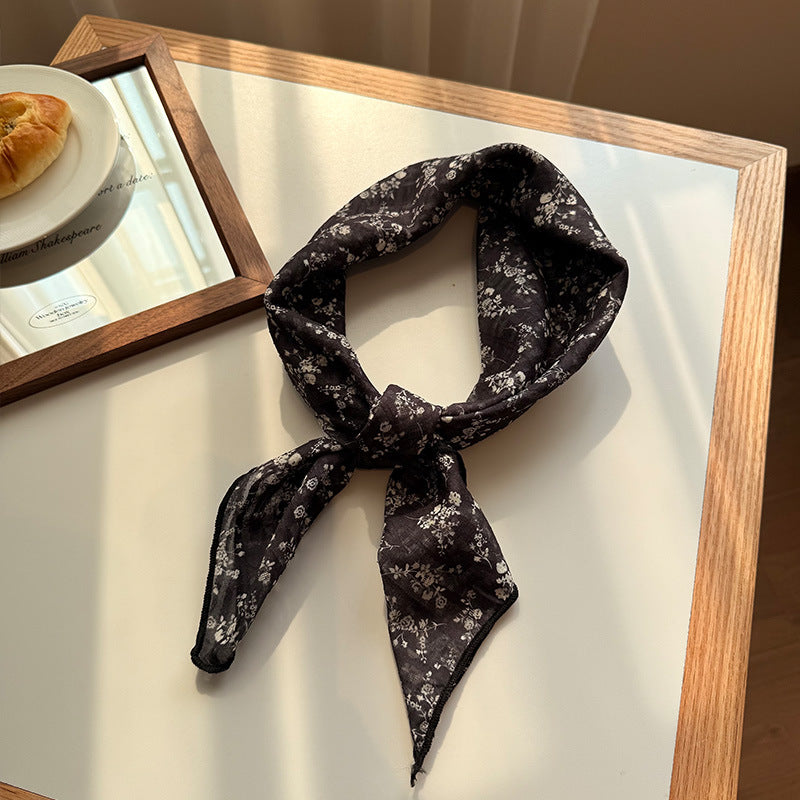 Style 10 Black Versatile Patterned Square Scarf | 65x65cm Lightweight Polyester Neckerchief Headband | Vintage Polka Dot & Floral