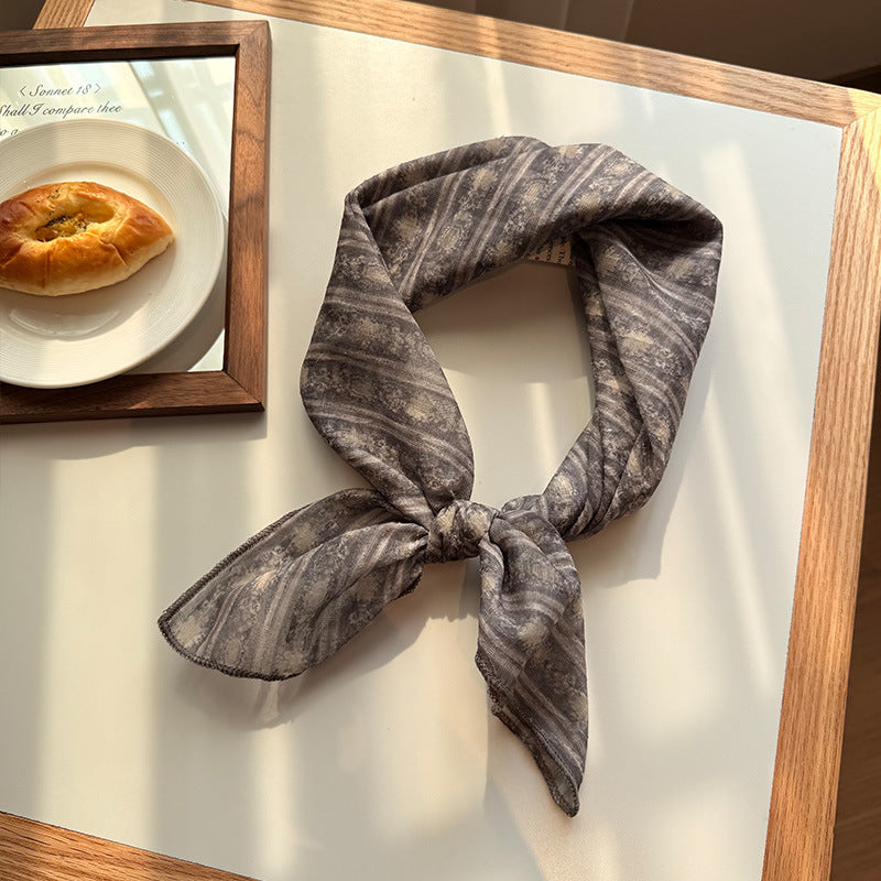 Style 11 Dark Grey Versatile Patterned Square Scarf | 65x65cm Lightweight Polyester Neckerchief Headband | Vintage Polka Dot & Floral