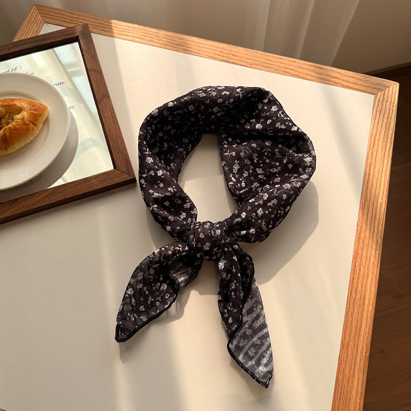 Style 12 Black Versatile Patterned Square Scarf | 65x65cm Lightweight Polyester Neckerchief Headband | Vintage Polka Dot & Floral