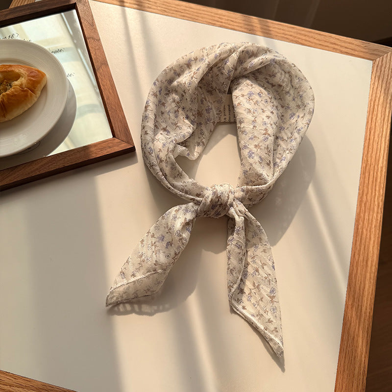 Style 15 Beige Versatile Patterned Square Scarf | 65x65cm Lightweight Polyester Neckerchief Headband | Vintage Polka Dot & Floral