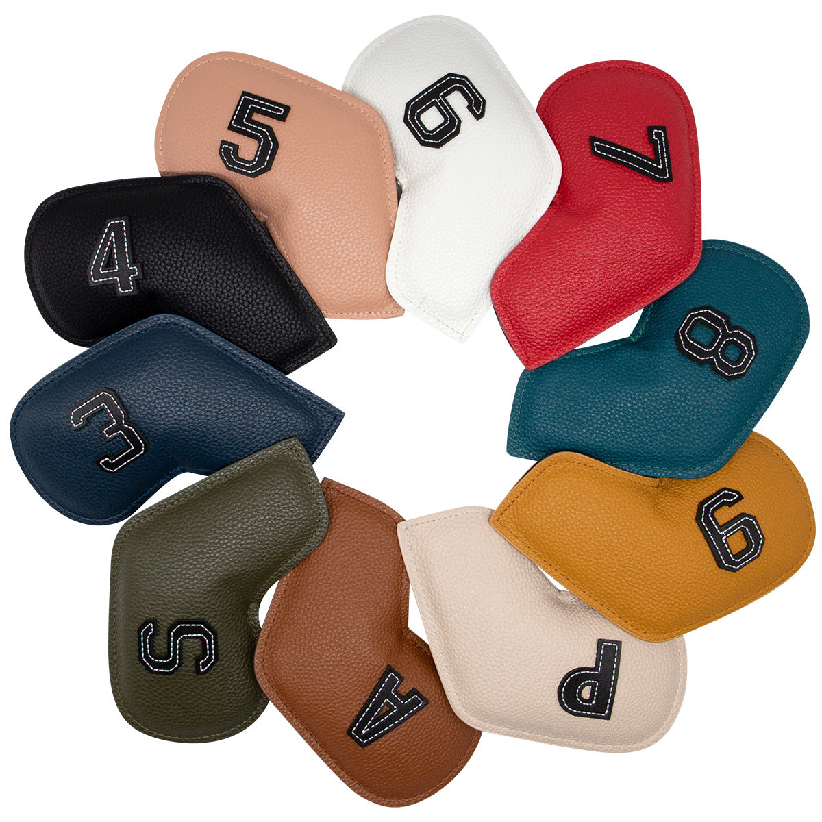 Khaki Golf Iron Head Covers Set of 10 - Waterproof PU Leather Club Protectors with Embroidered Numbers (3-9, P, A, S)