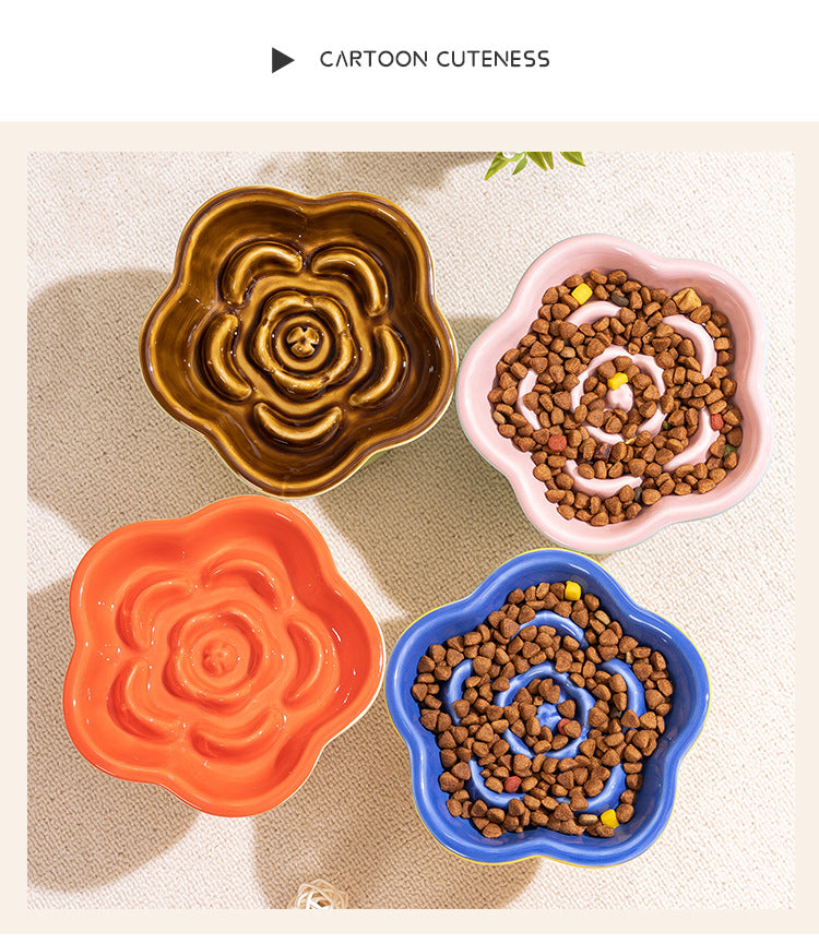 Yellow and Blue Ceramic Slow Feeder Pet Bowl for Cats and Small Dogs - Anti-Choke Elevated Design with 15-Degree Tilted Rim