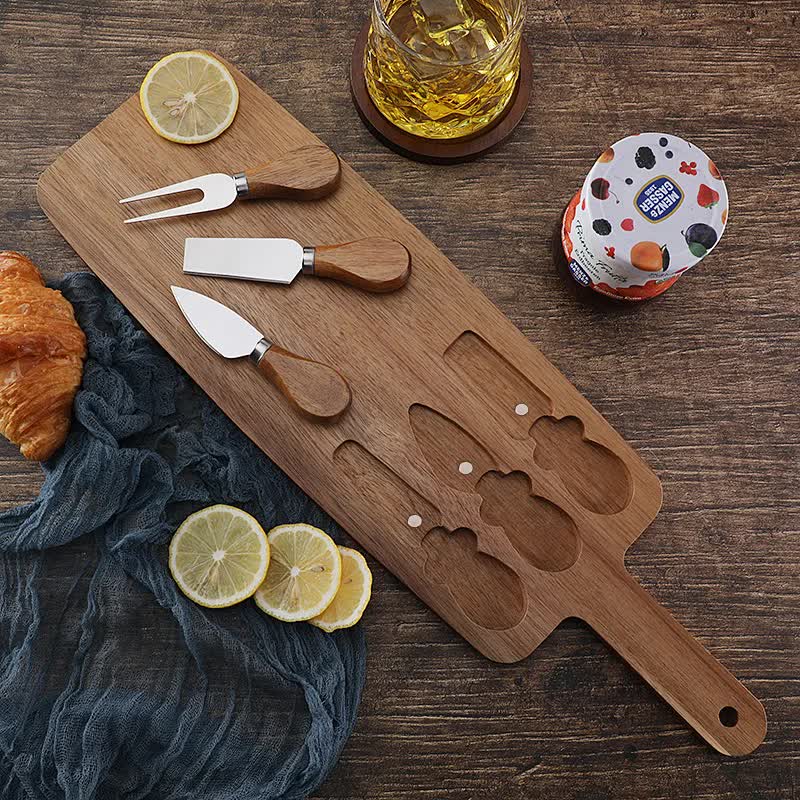 Brown And Black Premium Acacia Wood Cheese Board Set | Charcuterie Platter with 3 Stainless Steel Knives