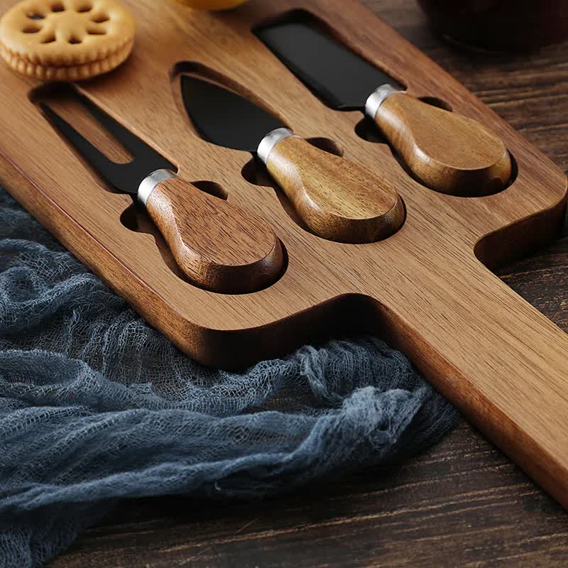 Brown And Gold Premium Acacia Wood Cheese Board Set | Charcuterie Platter with 3 Stainless Steel Knives