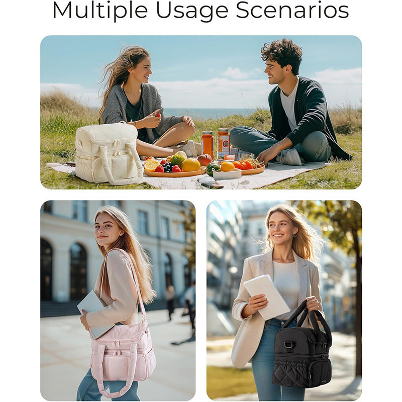 Brown Chic Double Deck Insulated Lunch Bag - Leakproof Cooler Tote for Women