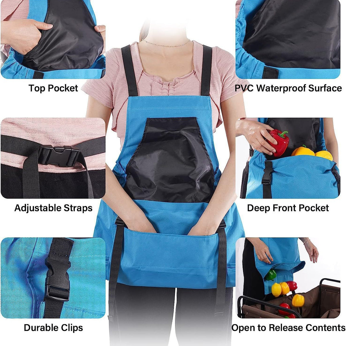 Blue Garden Harvesting Apron - Waterproof Oxford Cloth with Quick Release Pouch