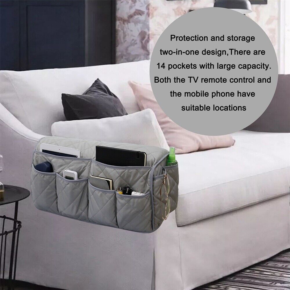 2 Pcs Blue Quilted Sofa Armrest Organizer Caddy - Multi-Pocket Remote Control Holder Bag