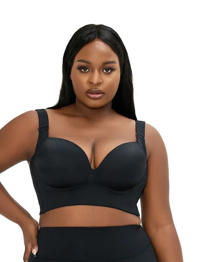 38/85F Black Plus-Size Seamless Underwire Bra - Lift & Support Deep V Sports Back Design