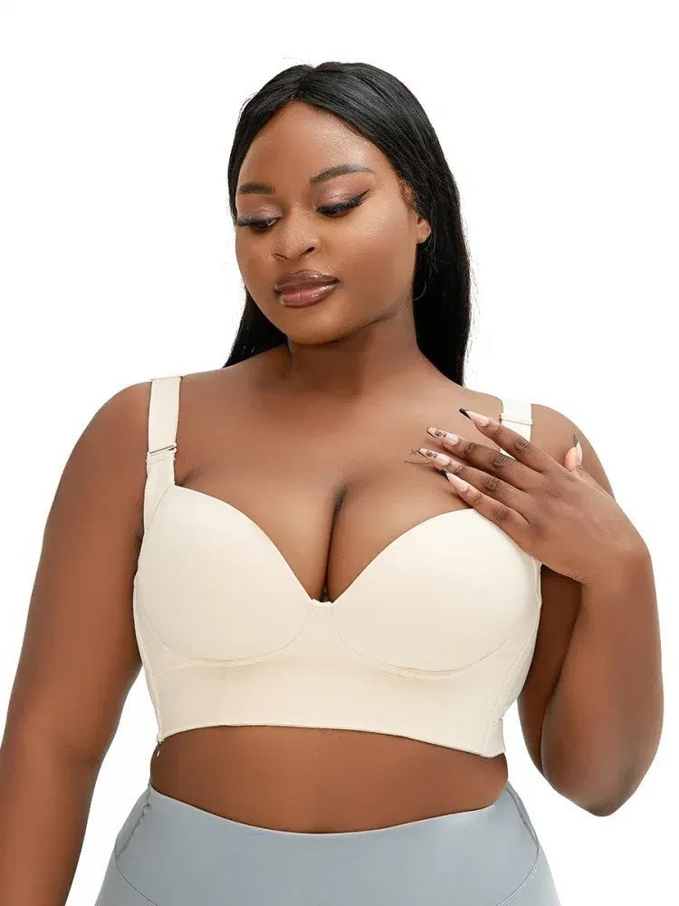 34/75E Beige Plus-Size Seamless Underwire Bra - Lift & Support Deep V Sports Back Design
