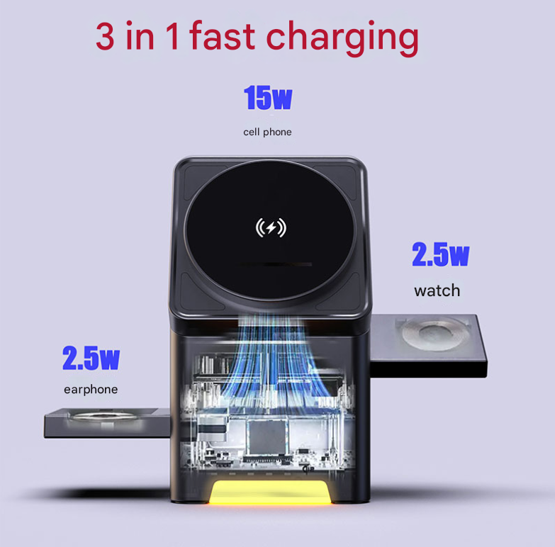 3-in-1 Wireless Charger with Magnetic Rotation - 15W Fast Charging Station for Phone, Watch, and Earbuds