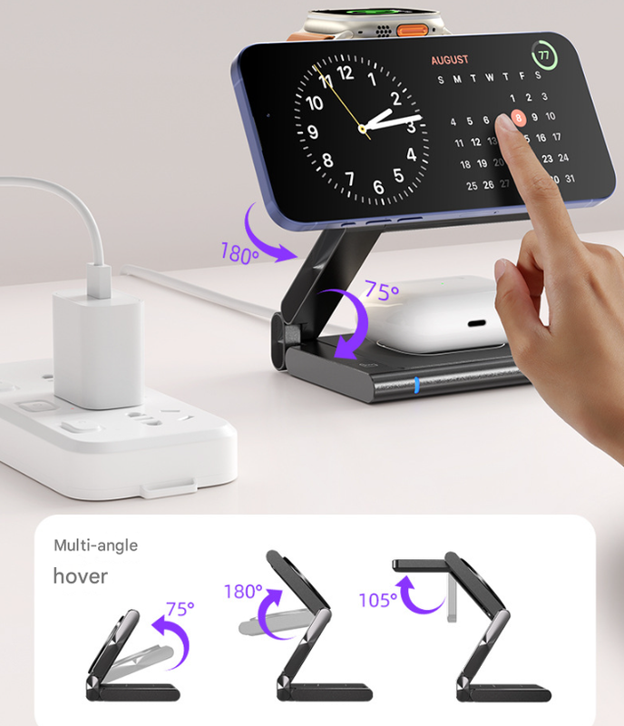 Black Magnetic 3-in-1 Wireless Charger for Apple Devices - 15W Fast Charging Station for iPhone, AirPods, and Apple Watch