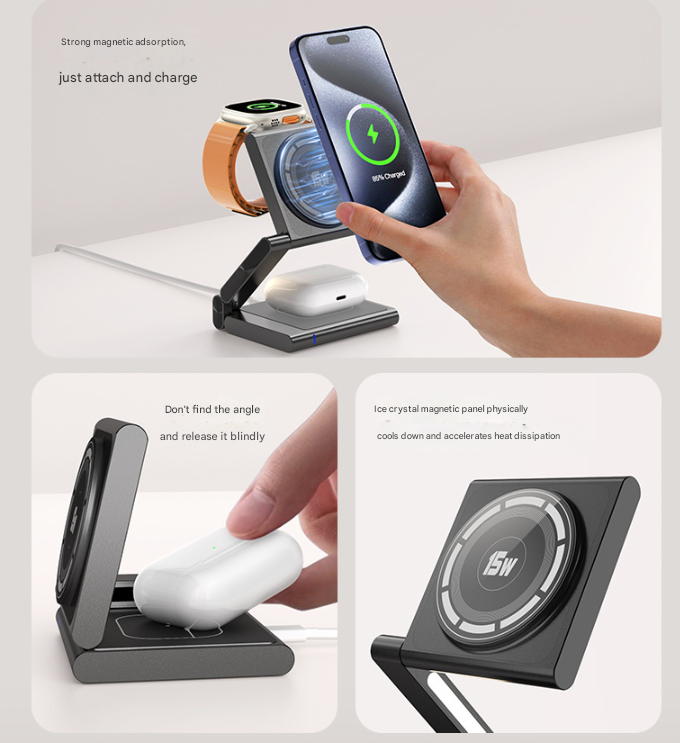 Silver Magnetic 3-in-1 Wireless Charger for Apple Devices - 15W Fast Charging Station for iPhone, AirPods, and Apple Watch