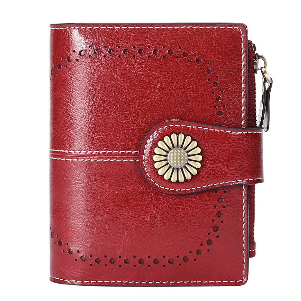 Burgundy (64 grain) Women's Short Leather Wallet - European Style Waxed Leather Coin Purse with Zipper Card Holder in Red