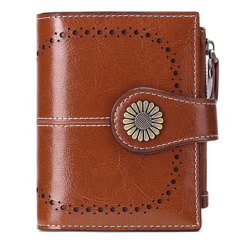 Brown (64 grain) Women's Short Leather Wallet - European Style Waxed Leather Coin Purse with Zipper Card Holder in Red