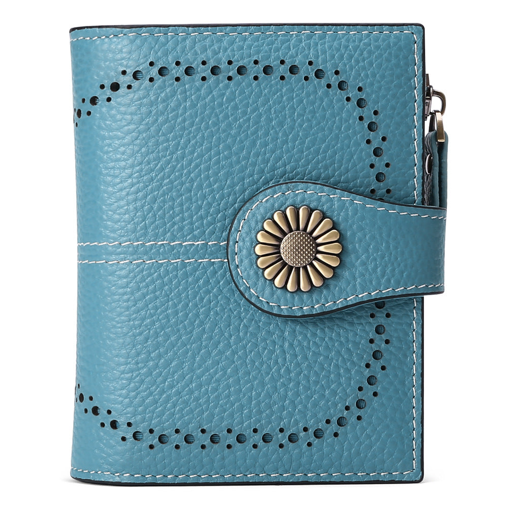 Sky Blue (Wrestling) Women's Short Leather Wallet - European Style Waxed Leather Coin Purse with Zipper Card Holder in Red