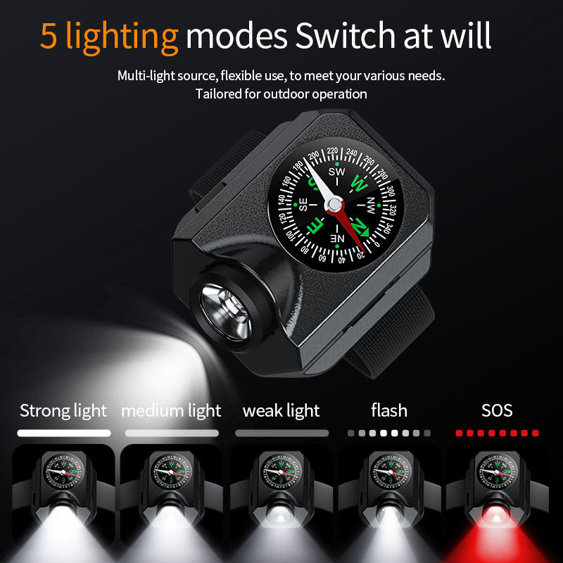 XPG Wrist Light for Outdoor Camping - Rechargeable LED Running Light with Compass and Watch for Survival and Adventure