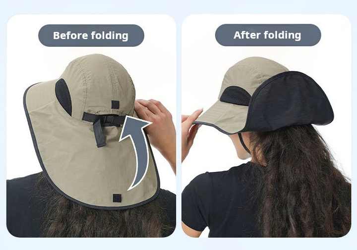 Off-white (Off-white webbing) Wide Brim Sun Hat with Cape - Foldable UV Protection - 10cm Brim